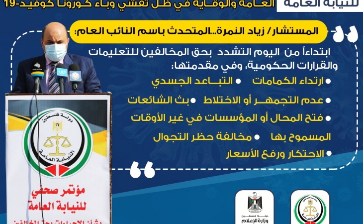 مؤتمر صحفي للنيابة العامة بشأن تشديد الإجراءات بحق المخالفين لتعليمات السلامة العامة والوقاية من تفشي وباء كورونا المستجد كوفيد-19